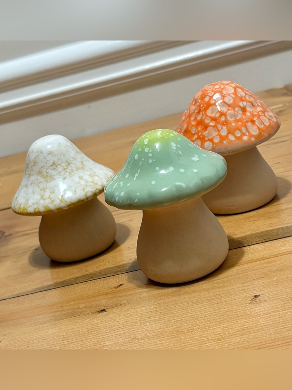 3 Ceramic Mushroom Figures - 4” tall - green orange white NEW